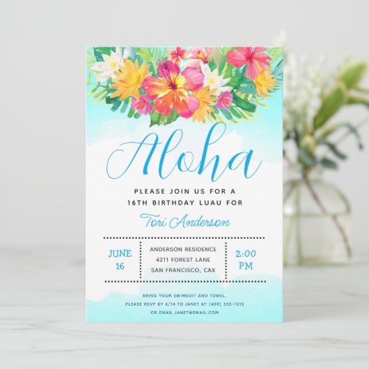 Aloha Script Tropische Verjaardag Luau Blauw Kaart (Staand voorkant)