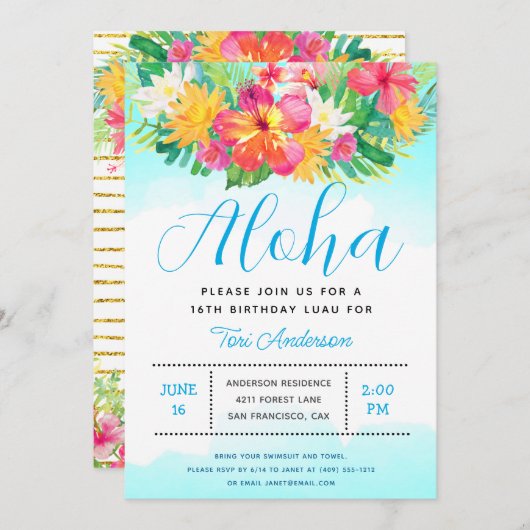 Aloha Script Tropische Verjaardag Luau Blauw Kaart (Voorkant / Achterkant)