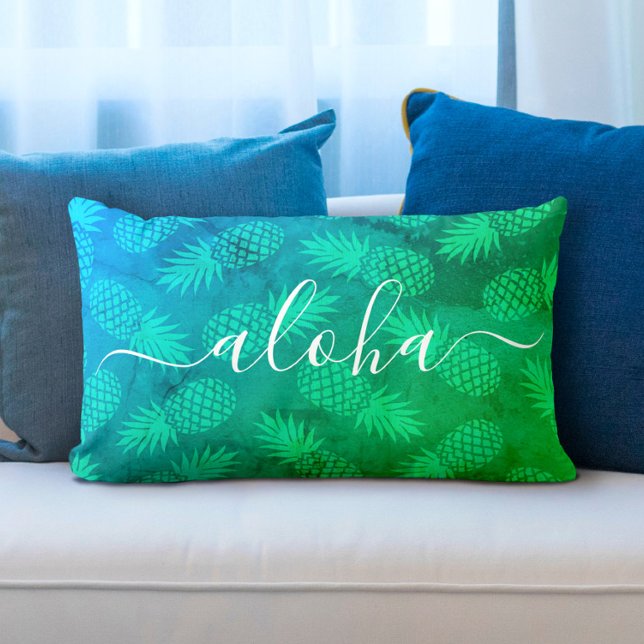 Aloha script turquoise groen ananas patroon kussen (Creator heeft geüpload)