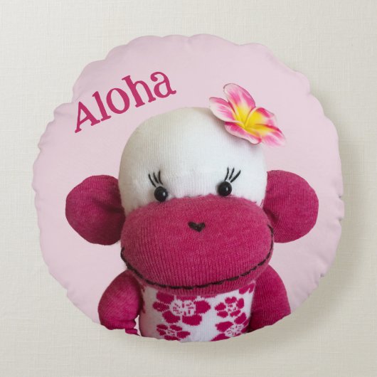 Aloha Sock Monkey (Meisje) Rond Kussen (Voorkant)
