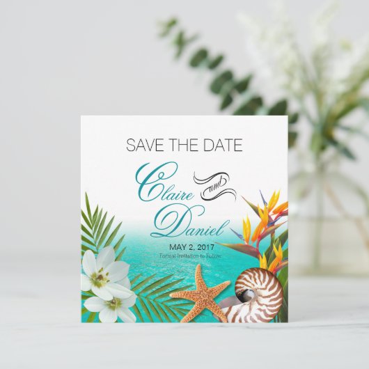 Aloha Strand Plumeria Frangipani Save the Date (Staand voorkant)