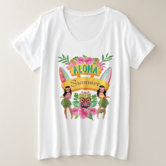 Aloha Summer Surf Tiki Totem Hawaiian Hula Dancers Grote Maat T-shirt (Design voorkant)