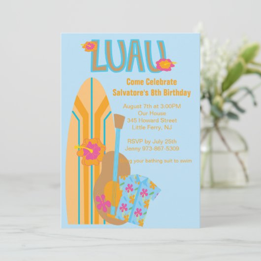 Aloha Surf Board Hawaiian Birthday Uitnodiging (Staand voorkant)