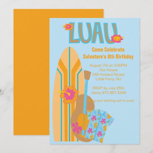 Aloha Surf Board Hawaiian Birthday Uitnodiging (Voorkant / Achterkant)