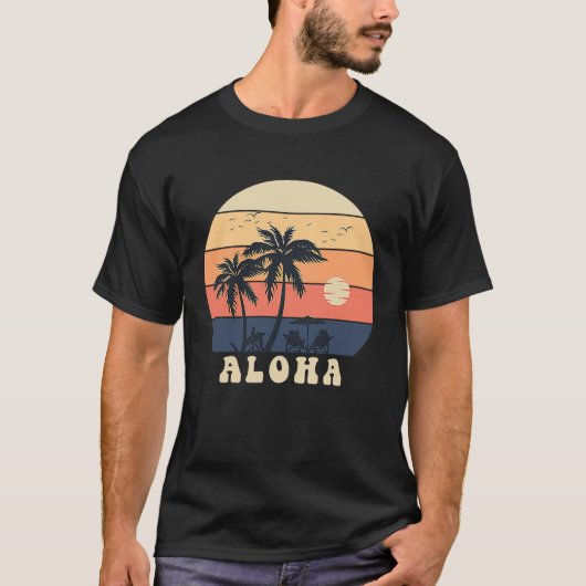 Aloha Surfing Hawaiian Vacation Sunset Palm Tree T T-shirt (Voorkant)