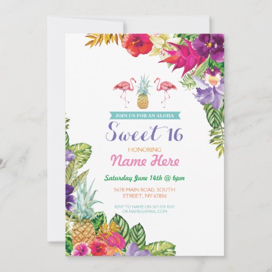 Aloha Sweet 16 Birthday Party Flamingo Invite Kaart (Voorkant)