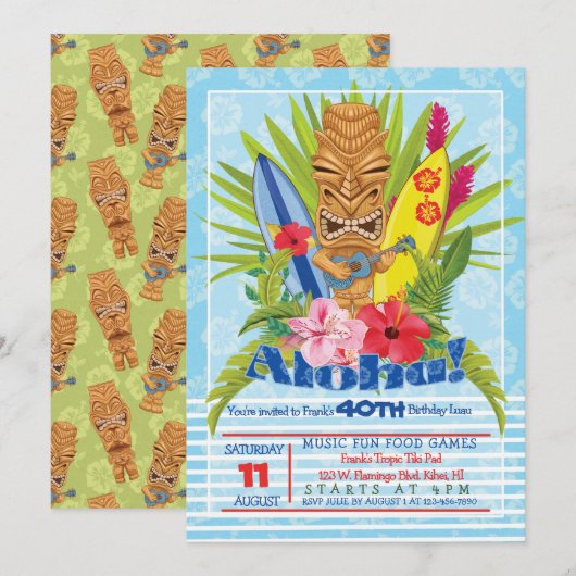 Aloha Tiki Totem Ukulele Verjaardagsfeestje Uitnod Kaart (Voorkant / Achterkant)