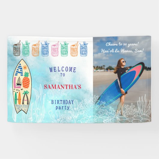 Aloha TIKI Tropical Luau Hawaiian Verjaardag Welko Spandoek (Horizontaal)