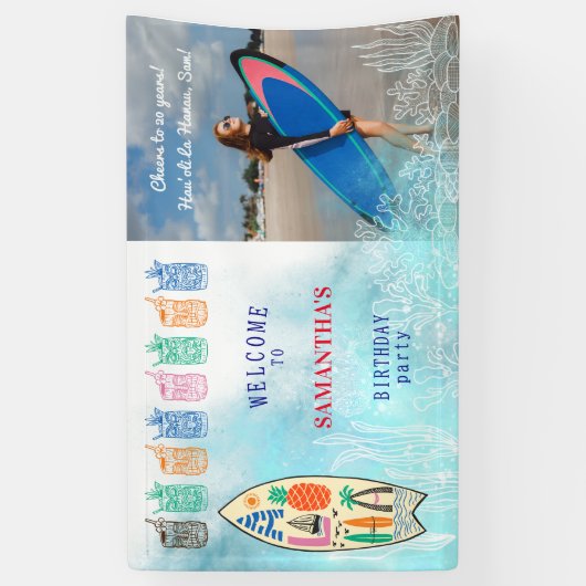 Aloha TIKI Tropical Luau Hawaiian Verjaardag Welko Spandoek (Verticaal)