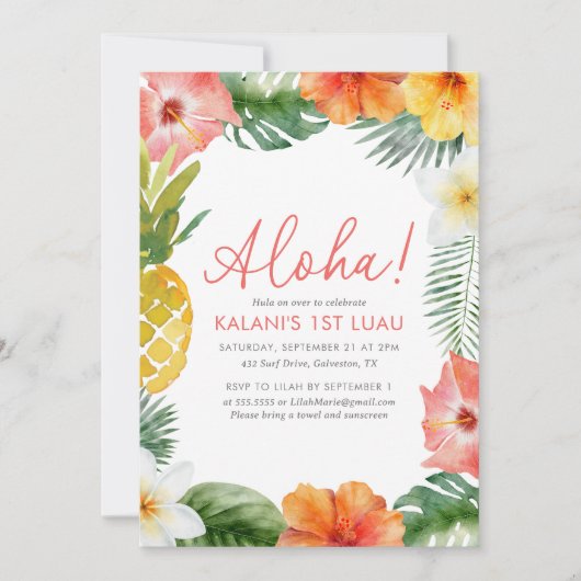 Aloha Tropical 1e Luau Bloemen Verjaardag Kaart (Voorkant)