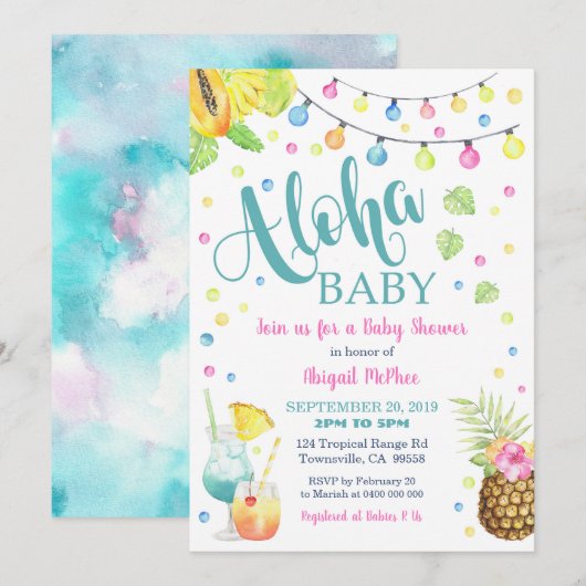 Aloha Tropical Baby shower Invitation Kaart (Voorkant / Achterkant)
