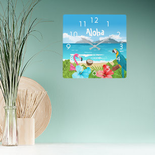 Aloha tropical beach flamingo flora vierkante klok