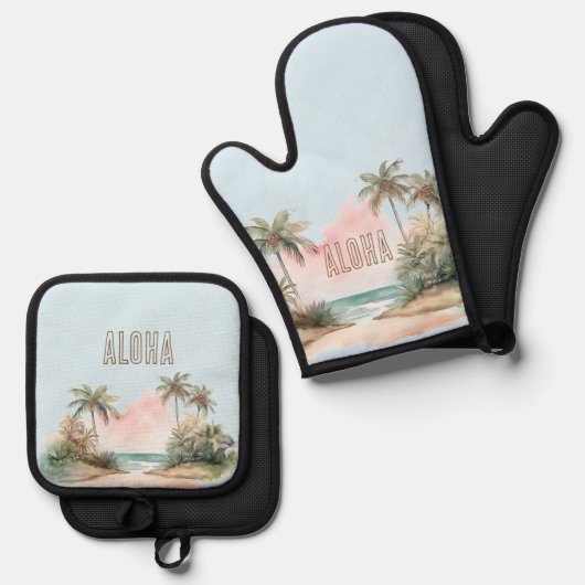 Aloha Tropical Beach Palmbomen Ovenwant & Pannenlap Set (Voorkant / Achterkant)
