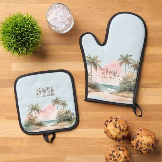 Aloha Tropical Beach Palmbomen Ovenwant & Pannenlap Set (Top down)