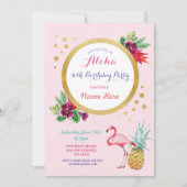 Aloha Tropical Birthday Flamingo Party Invitation Kaart (Voorkant)