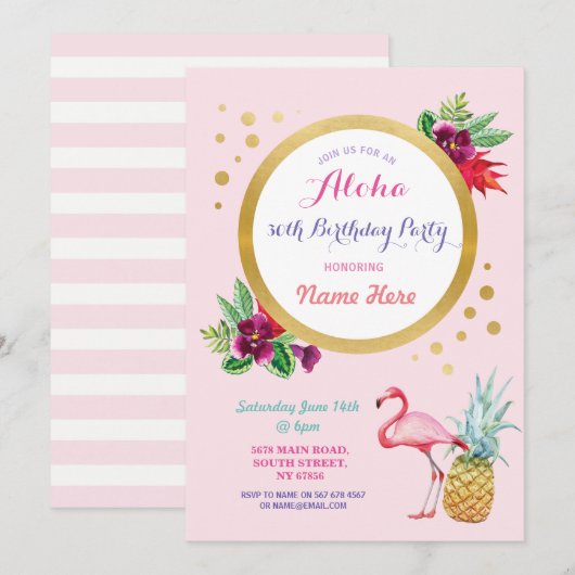 Aloha Tropical Birthday Flamingo Party Invitation Kaart (Voorkant / Achterkant)