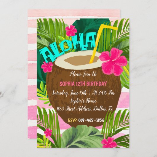 Aloha Tropical Coconut Birthday Invitation Kaart (Voorkant / Achterkant)