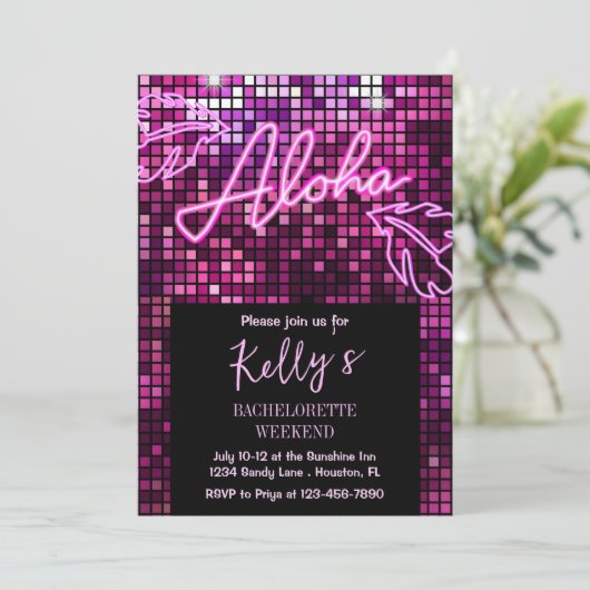 Aloha Tropical Disco Bachelorette Weekend Neon Kaart (Staand voorkant)