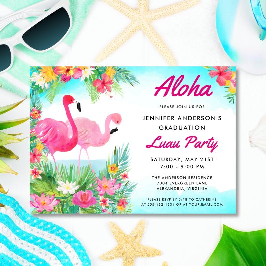 Aloha Tropical Flamingo Afstuderen Luau Party Kaart