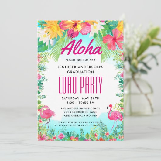Aloha Tropical Flamingo Afstuderen Luau Party Kaart (Staand voorkant)