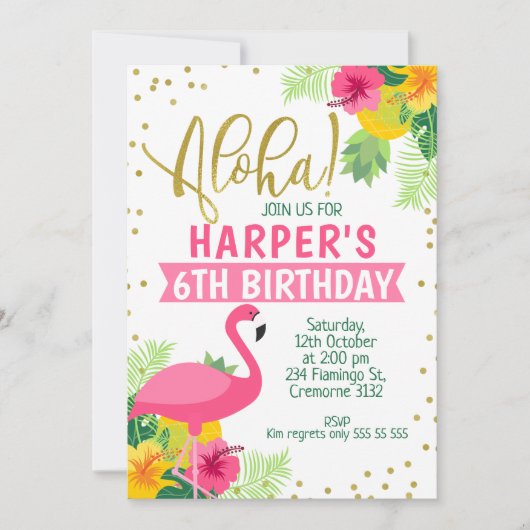 Aloha Tropical Flamingo Birthday Invitation Kaart (Voorkant)