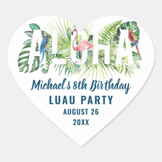 Aloha Tropical Flamingo Birthday Party Favor Hart Sticker (Voorkant)