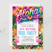 Aloha Tropical Flamingo Birthday Pool Party Kaart (Voorkant)