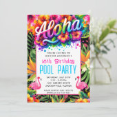 Aloha Tropical Flamingo Birthday Pool Party Kaart (Staand voorkant)