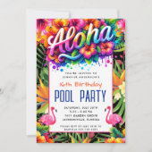Aloha Tropical Flamingo Birthday Pool Party Kaart (Voorkant)
