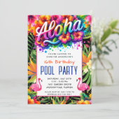Aloha Tropical Flamingo Birthday Pool Party Kaart (Staand voorkant)