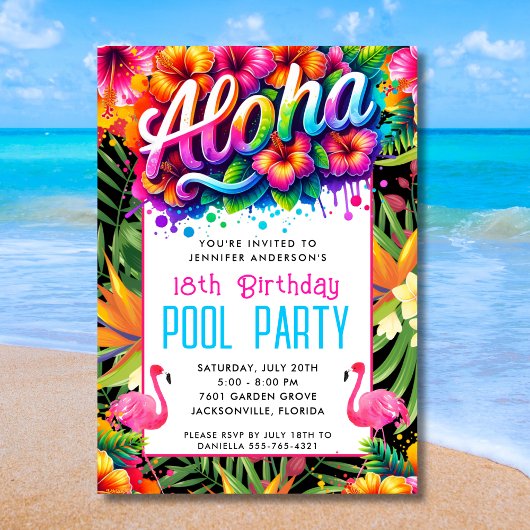 Aloha Tropical Flamingo Birthday Pool Party Kaart