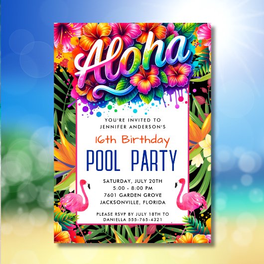 Aloha Tropical Flamingo Birthday Pool Party Kaart