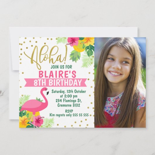 Aloha Tropical Flamingo Foto Verjaardag Uitnodigin Kaart (Voorkant)