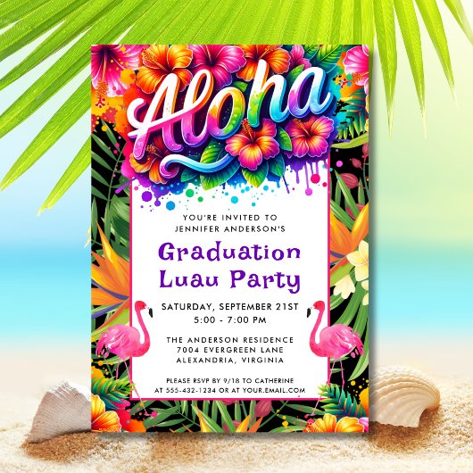 Aloha Tropical Flamingo Graduation Luau Party Kaart