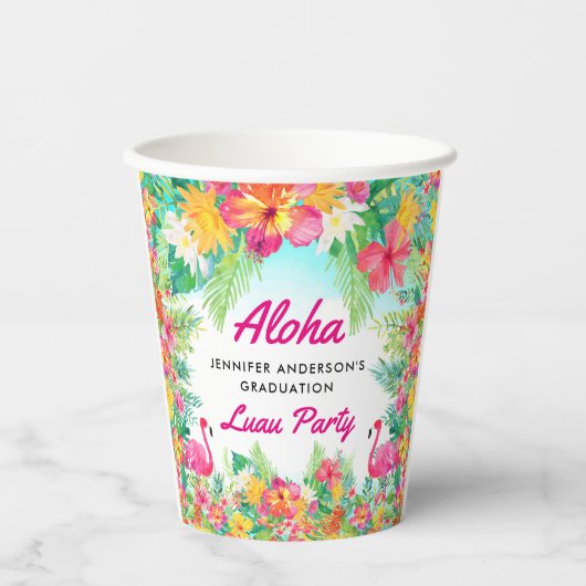 Aloha Tropical Flamingo Luau Afstuderen Paper Cups Papieren Bekers (Voorkant)
