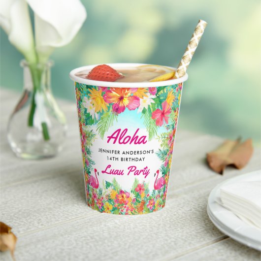 Aloha Tropical Flamingo Luau Birthday Paper Cups Papieren Bekers (Insitu)