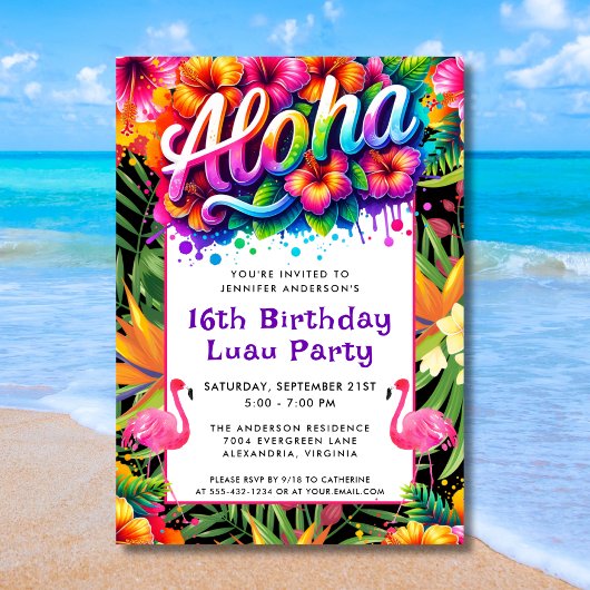 Aloha Tropical Flamingo Luau Birthday Party Kaart