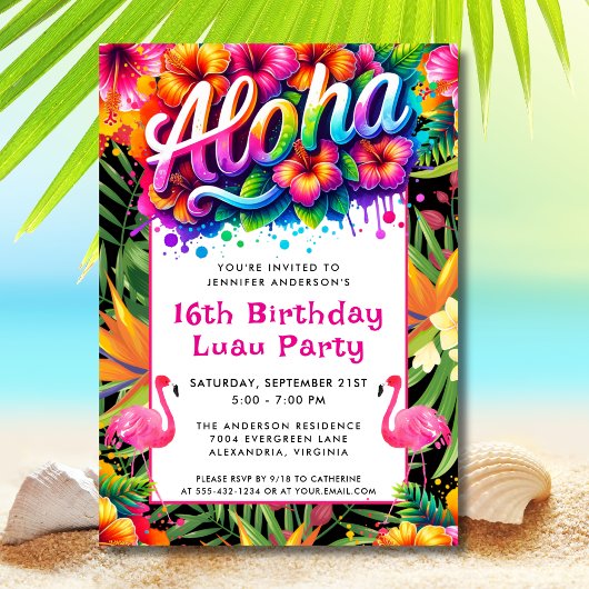 Aloha Tropical Flamingo Luau Birthday Party Kaart