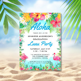 Aloha Tropical Flamingo Luau Party Afstuderen Blue Kaart