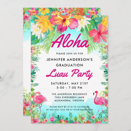 Aloha Tropical Flamingo Luau Party Afstuderen Kaart (Voorkant / Achterkant)