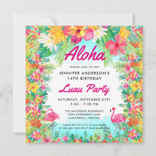 Aloha Tropical Flamingo Luau Party Square Birthday Kaart