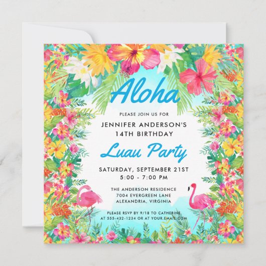 Aloha Tropical Flamingo Luau Party Square Birthday Kaart (Voorkant)