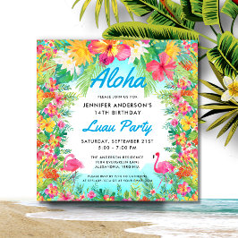 Aloha Tropical Flamingo Luau Party Square Birthday Kaart