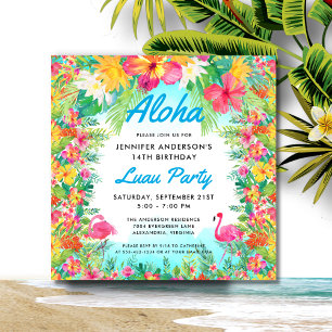 Aloha Tropical Flamingo Luau Party Square Birthday Kaart