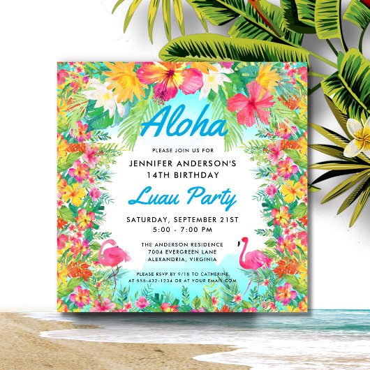 Aloha Tropical Flamingo Luau Party Square Birthday Kaart