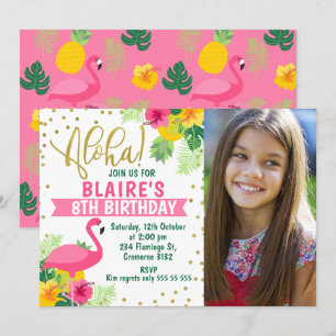Aloha Tropical Flamingo Photo Birthday Invitation Kaart