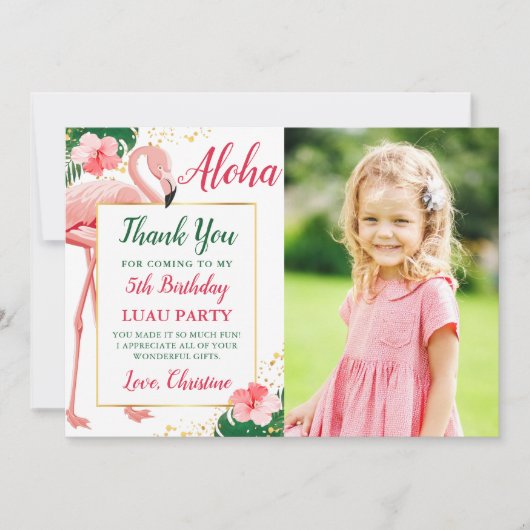 Aloha Tropical Flamingo Pink Floral Birthday Foto Bedankkaart (Voorkant)