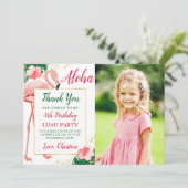 Aloha Tropical Flamingo Pink Floral Birthday Foto Bedankkaart (Staand voorkant)