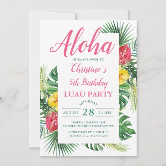 Aloha Tropical Floral Luau Birthday Party Kaart (Voorkant)