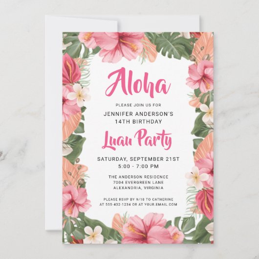 Aloha Tropical Floral Luau Party Birthday Kaart (Voorkant)